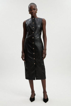 Karen Millen UK SALE Faux Leather Button Detail Midi Pencil Dress - black