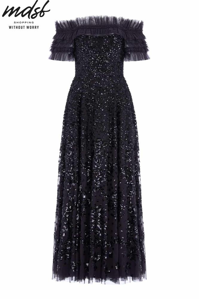 Needle & Thread CHRISTMAS SALE Sequin Wreath Off-Shoulder Gown - black