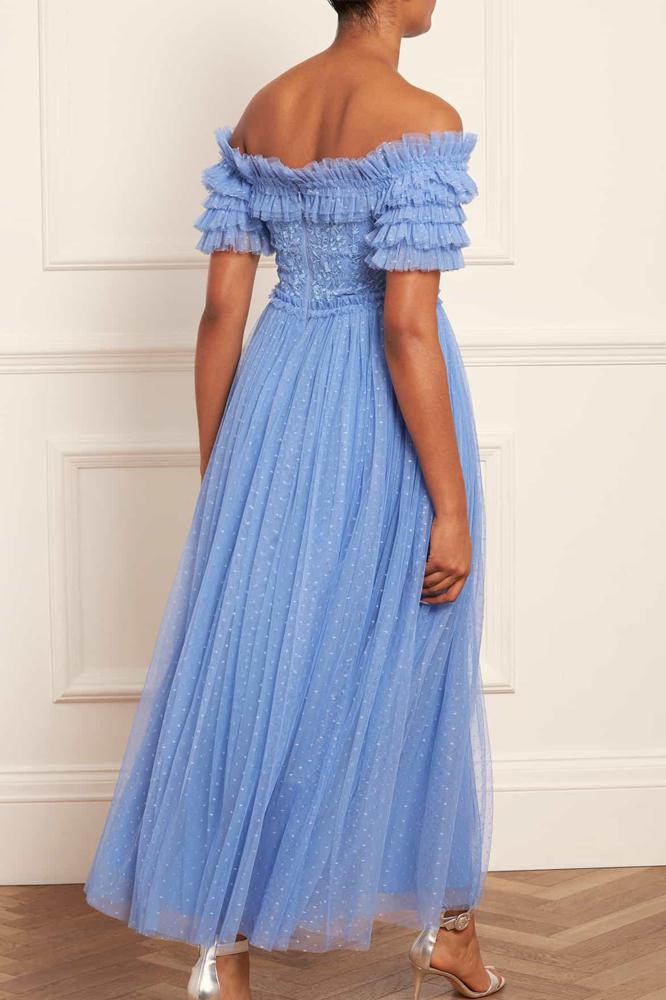 Needle & Thread CYBER SALE Midsummer Lace Bodice Off-Shoulder Ankle Gown - blue