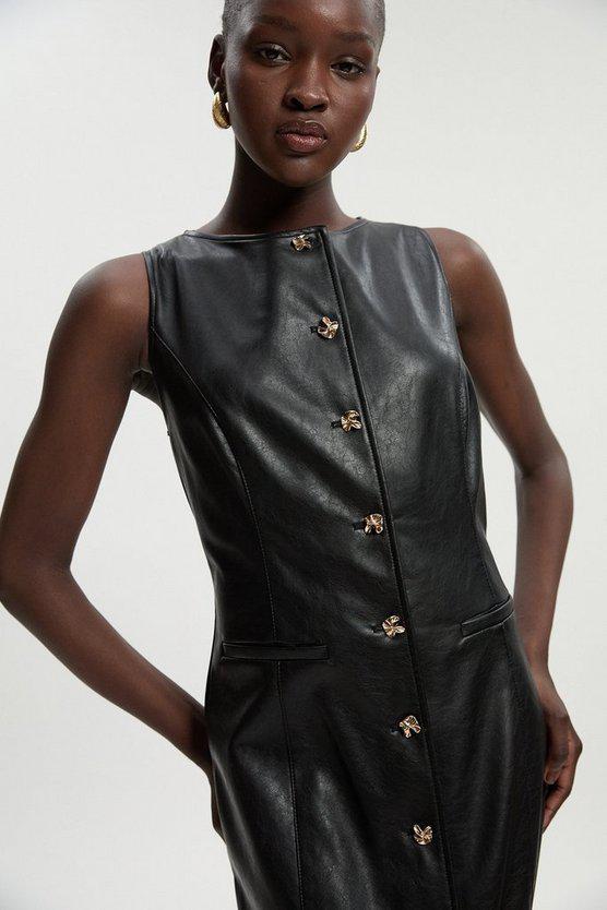 Karen Millen UK SALE Faux Leather Button Detail Midi Pencil Dress - black