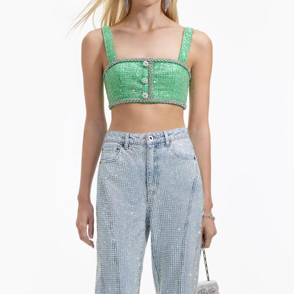 SELF PORTRAIT BLACK FRIDAY SALE Green Boucle Crop Top