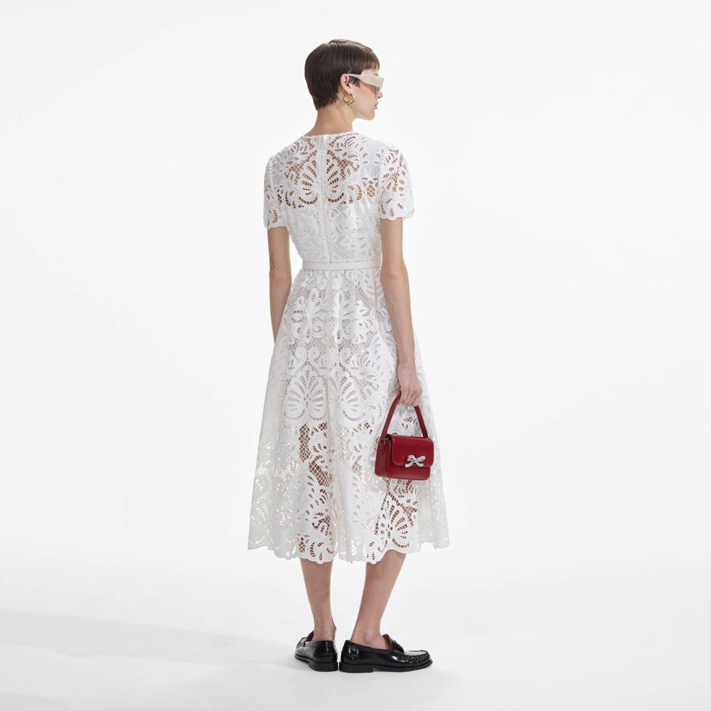 SELF PORTRAIT SS24 White Cotton Lace Button Midi Dress