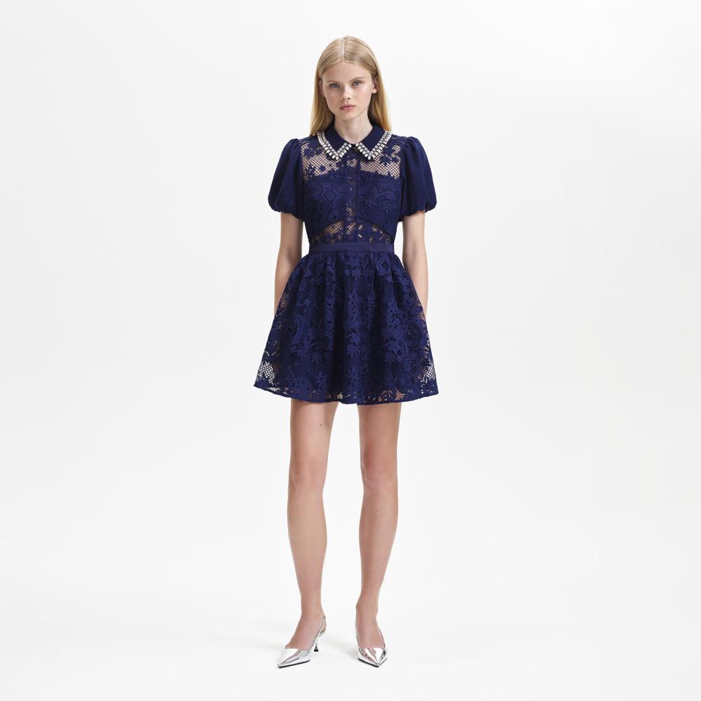 SELF PORTRAIT BLACK FRIDAY SALE Navy Lace Diamante Collar Mini Dress