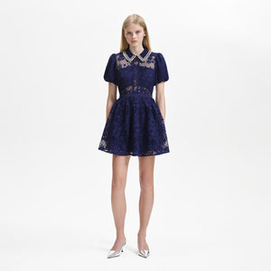 SELF PORTRAIT BLACK FRIDAY SALE Navy Lace Diamante Collar Mini Dress