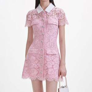 SELF PORTRAIT SS25 VIP PRICE Pink Lace Collared Mini Dress