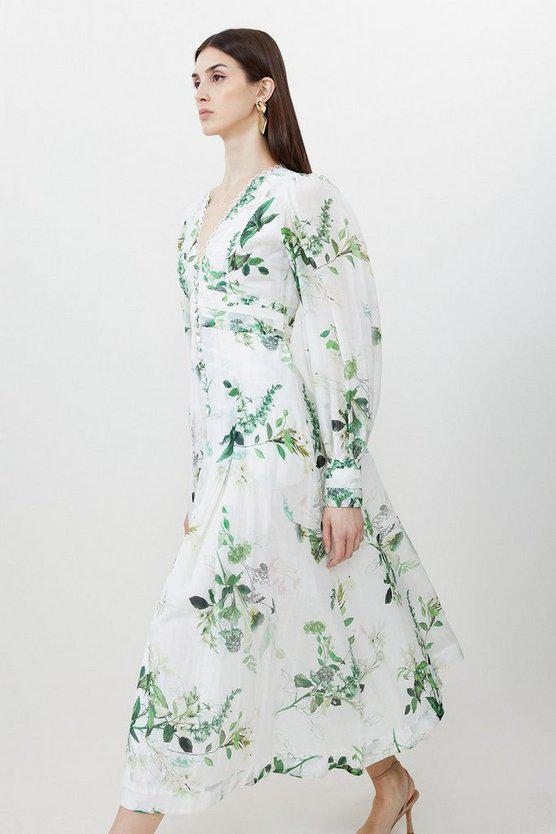 Karen Millen UK SALE Silk Cotton Spring Floral Plunge Woven Maxi Dress