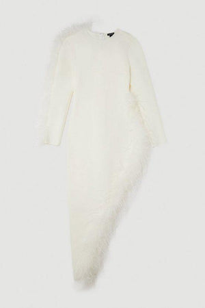 Karen Millen UK SALE Figure Form Bandage Knit Split Feather Hem Midi Dress - cream