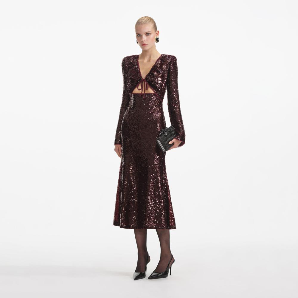 SELF PORTRAIT SS24 Burgundy Sequin Midi Dress