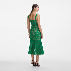 SELF PORTRAIT SS25 VIP PRICE Green Fine Lace Midi Dress