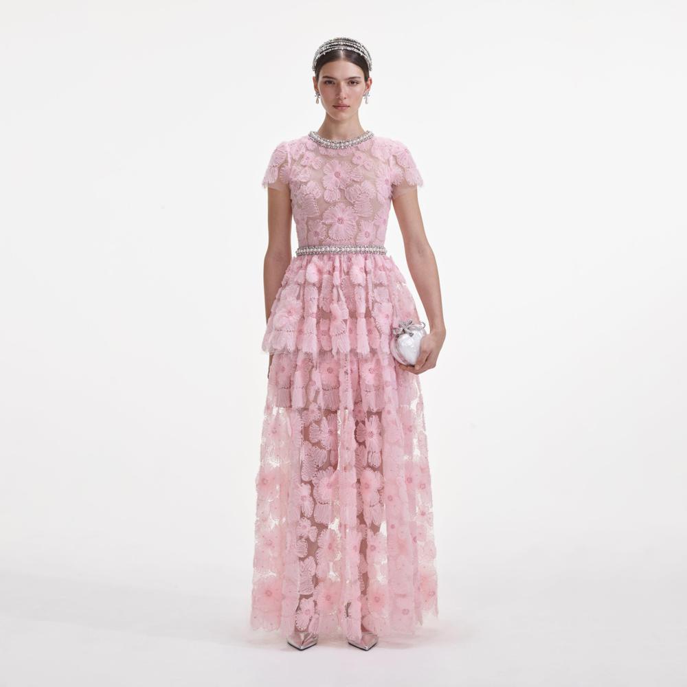 SELF PORTRAIT SS25 VIP PRICE Pink Embellished Tulle Maxi Dress