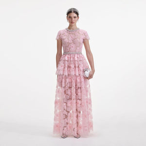 SELF PORTRAIT SS25 VIP PRICE Pink Embellished Tulle Maxi Dress