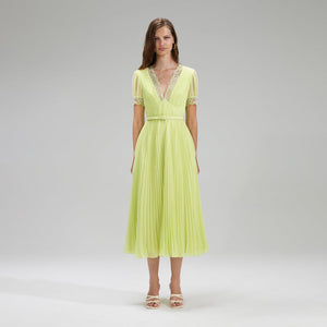 SELF PORTRAIT BLACK FRIDAY SALE Lime Chiffon Midi Dress Lace Detail