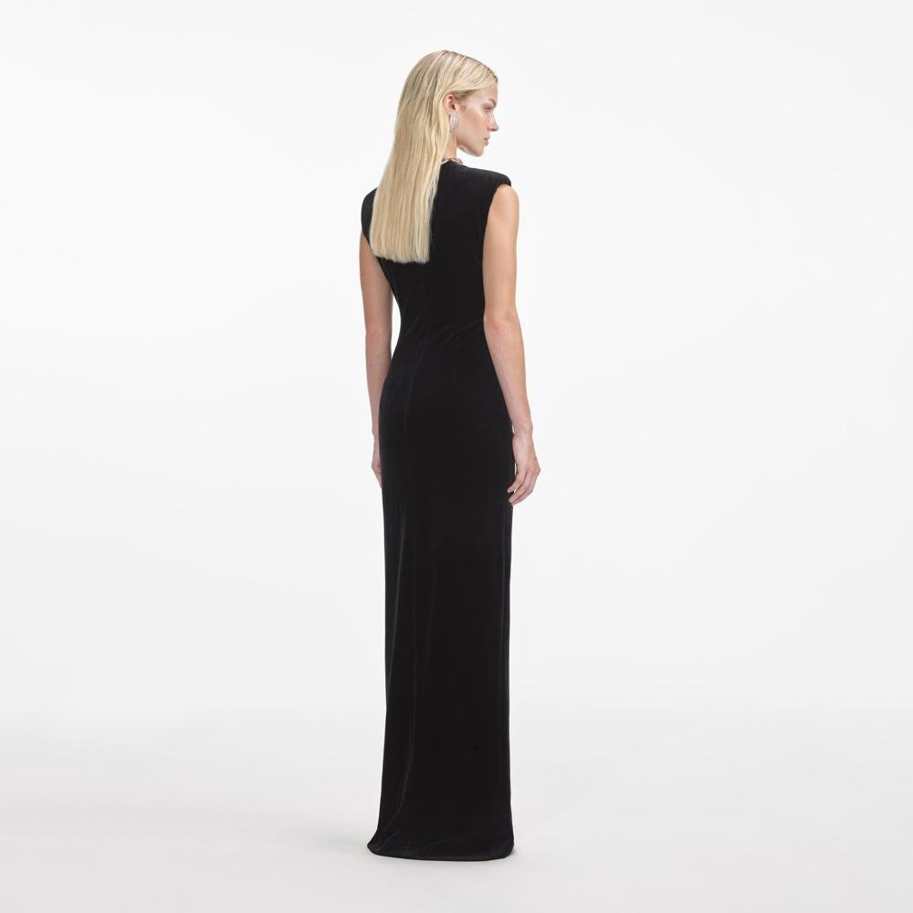 SELF PORTRAIT SS24 Black Velvet Embellished Maxi Dress