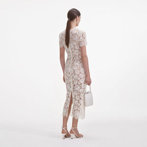 SELF PORTRAIT SS25 VIP PRICE Cream Fine Lace Pearl Midi Dress