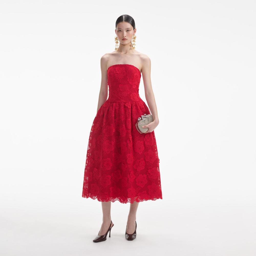 SELF PORTRAIT VIP SS24 Red Bandeau Lace Midi Dress