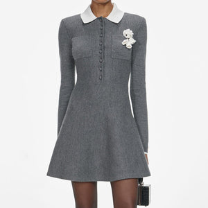 SP VIP PRICE Grey Crochet Flower Collared Knit Mini Dress