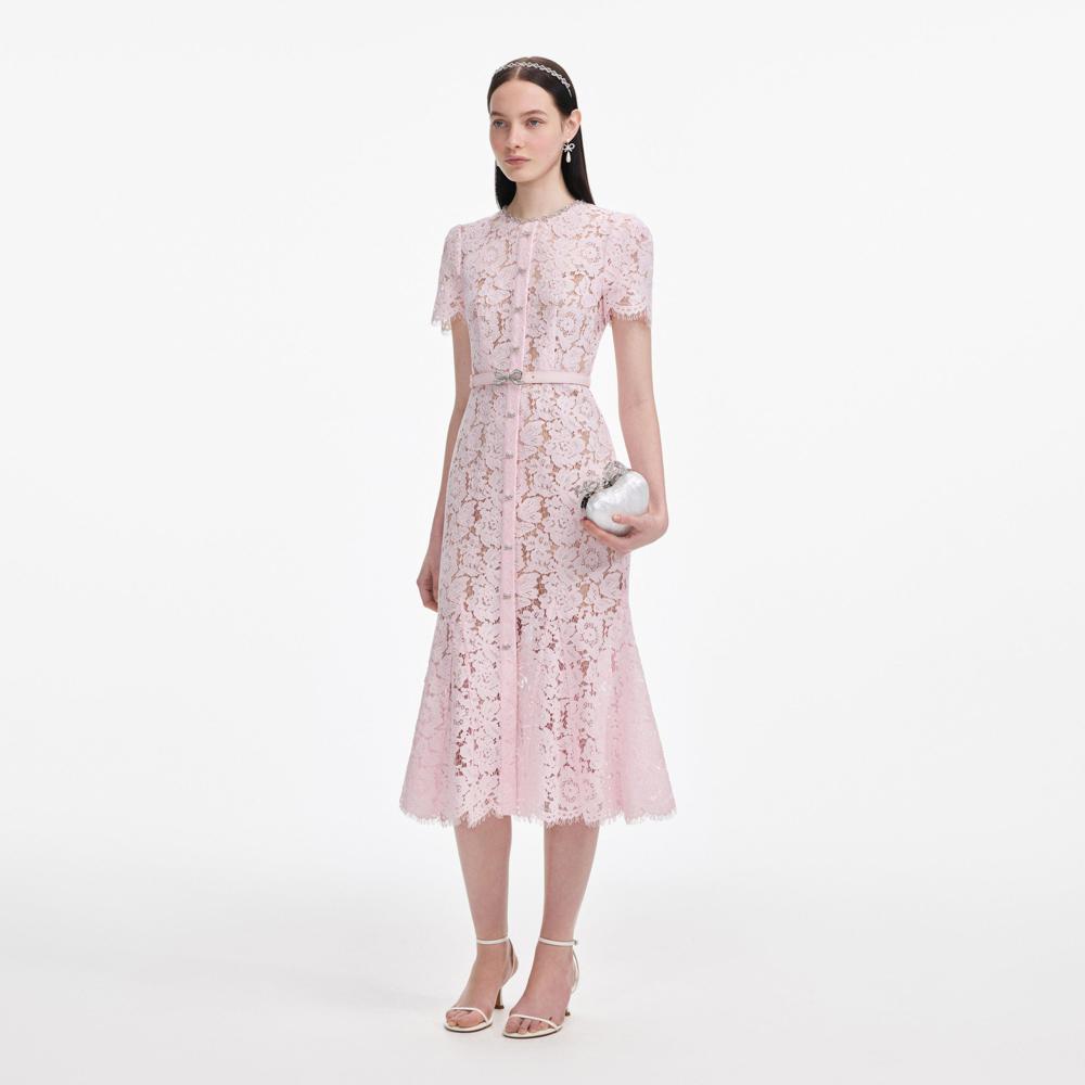 SP VIP PRICE Pink Lace Bow Trim Midi Dress