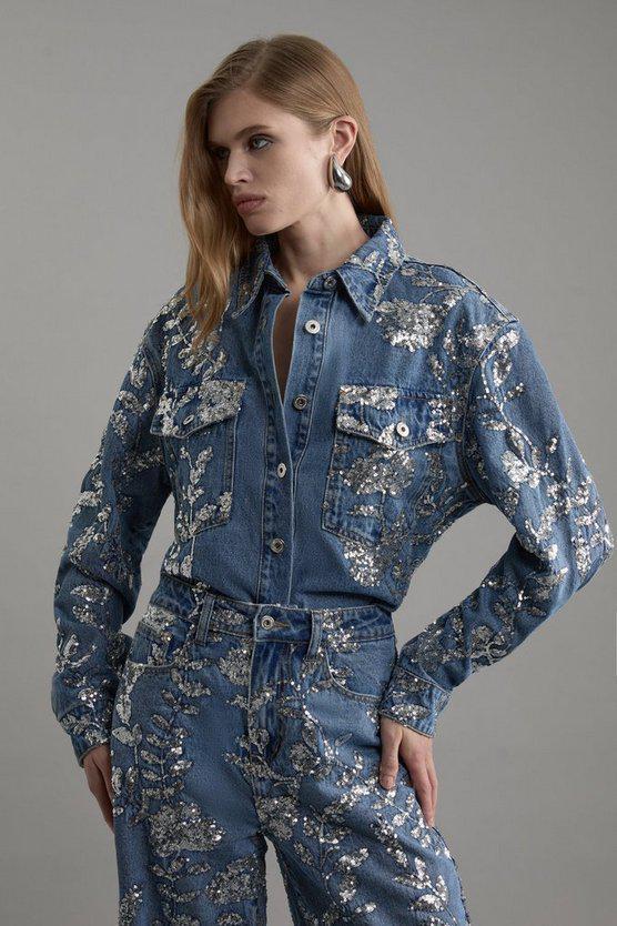 Karen Millen UK SALE Denim All Over Floral Sequin Jacket - mid blue