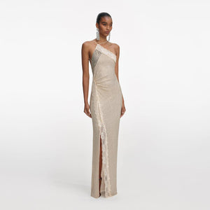 SP VIP PRICE Champagne Rhinestone Lace Trim Maxi Dress