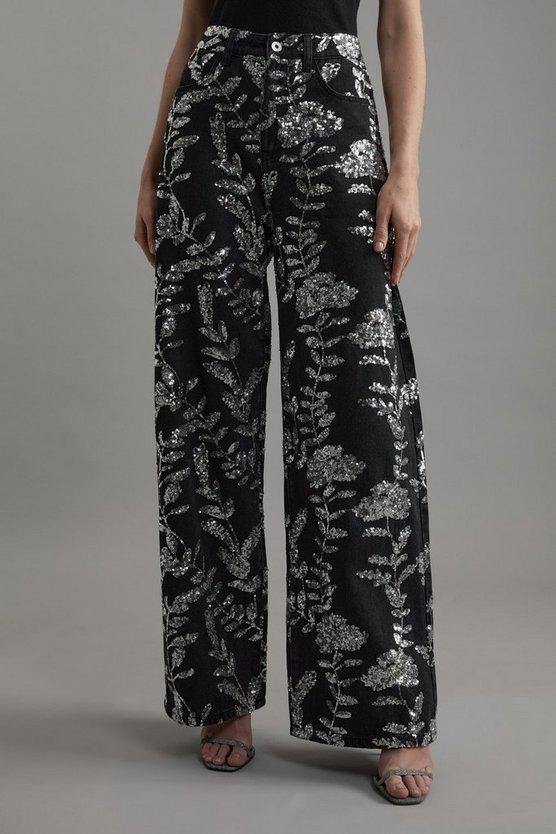 Karen Millen UK SALE Denim All Over Floral Sequin Wide Leg Trousers - black