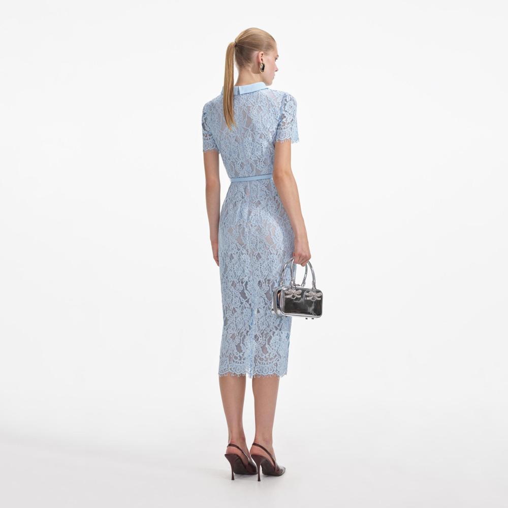 SELF PORTRAIT SS24 Blue Lace Button Midi Dress