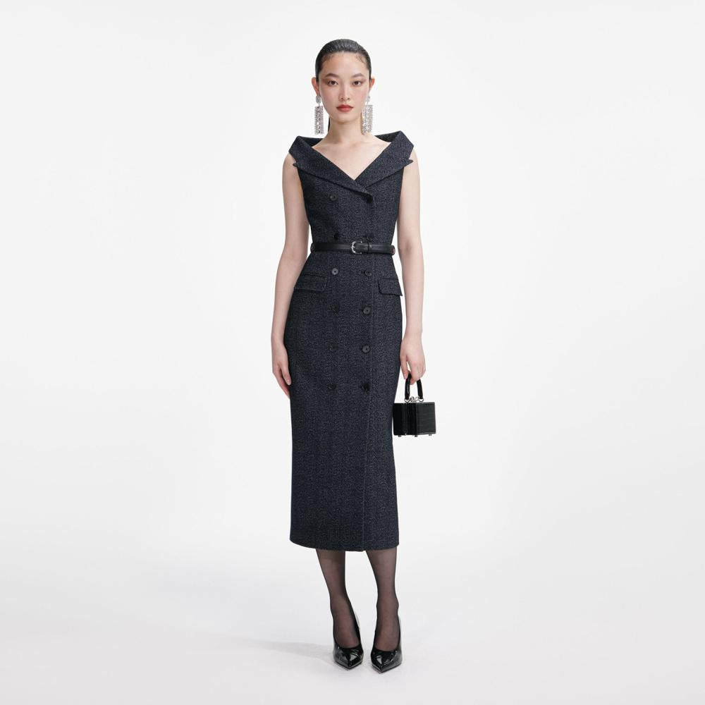 SP VIP PRICE Navy Herringbone Wool Midi Dress