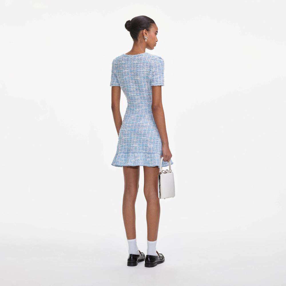 SELF PORTRAIT SS25 VIP PRICE Blue Check Knit Mini Dress
