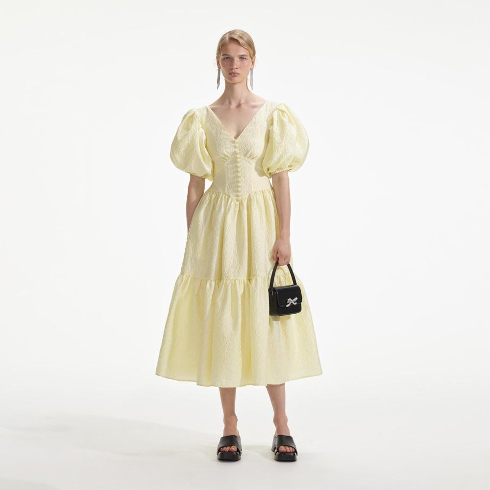 SELF PORTRAIT SS24 Yellow Jacquard Midi Dress