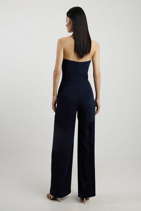 Karen Millen UK SALE Soft Tailored Halterneck Straight Leg Jumpsuit - navy