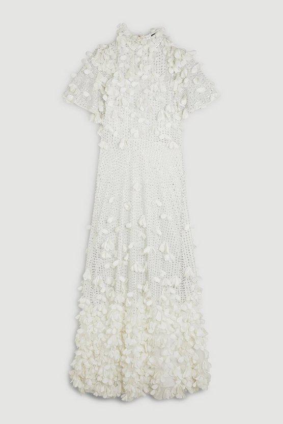 Karen Millen UK SALE Crystal Applique Angel Sleeve Woven Midaxi Dress - ivory