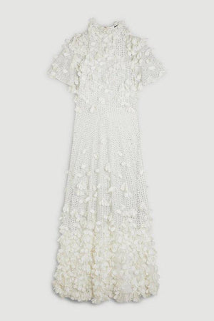 Karen Millen UK SALE Crystal Applique Angel Sleeve Woven Midaxi Dress - ivory