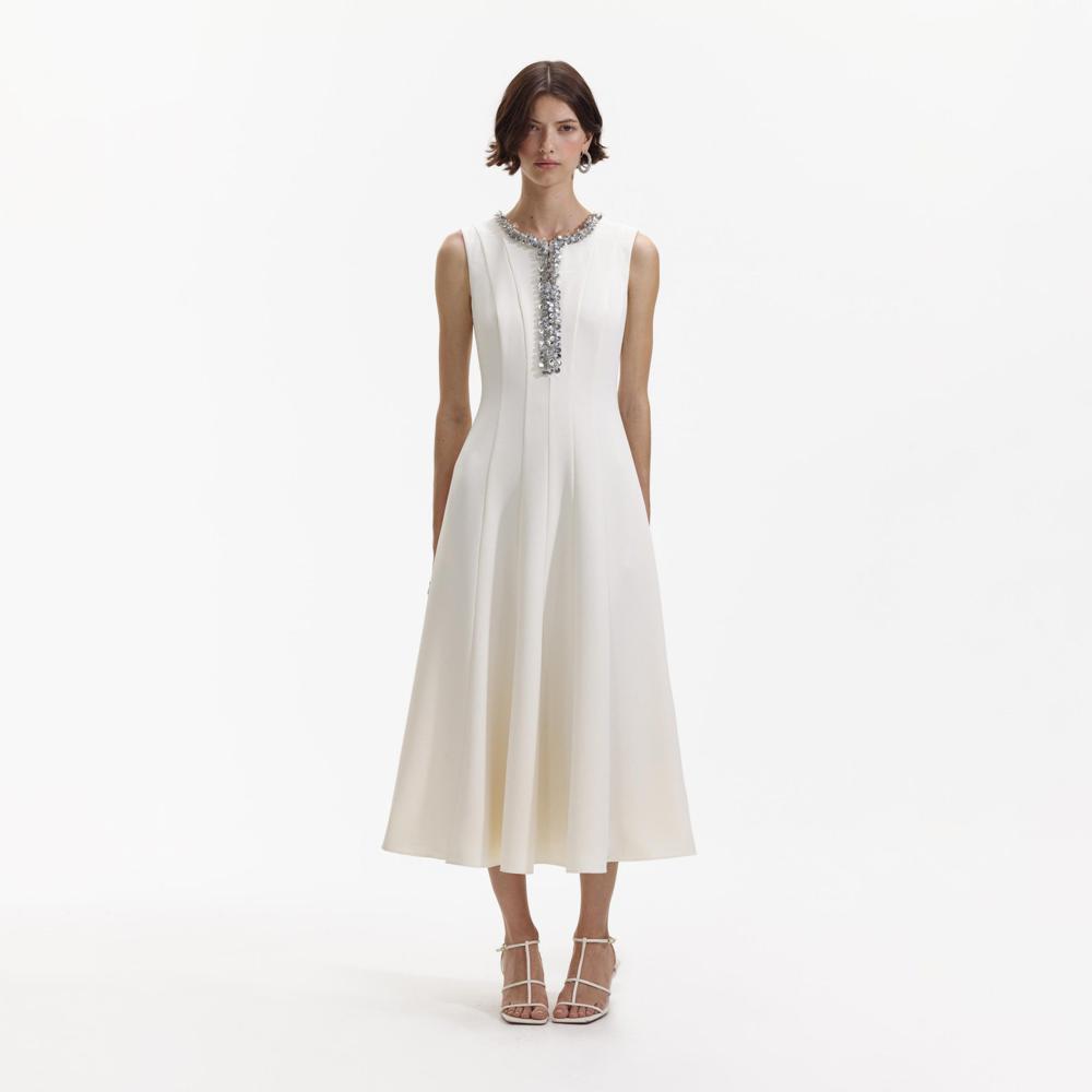 SELF PORTRAIT BLACK FRIDAY SALE Cream Crepe Embellished Midi Dress