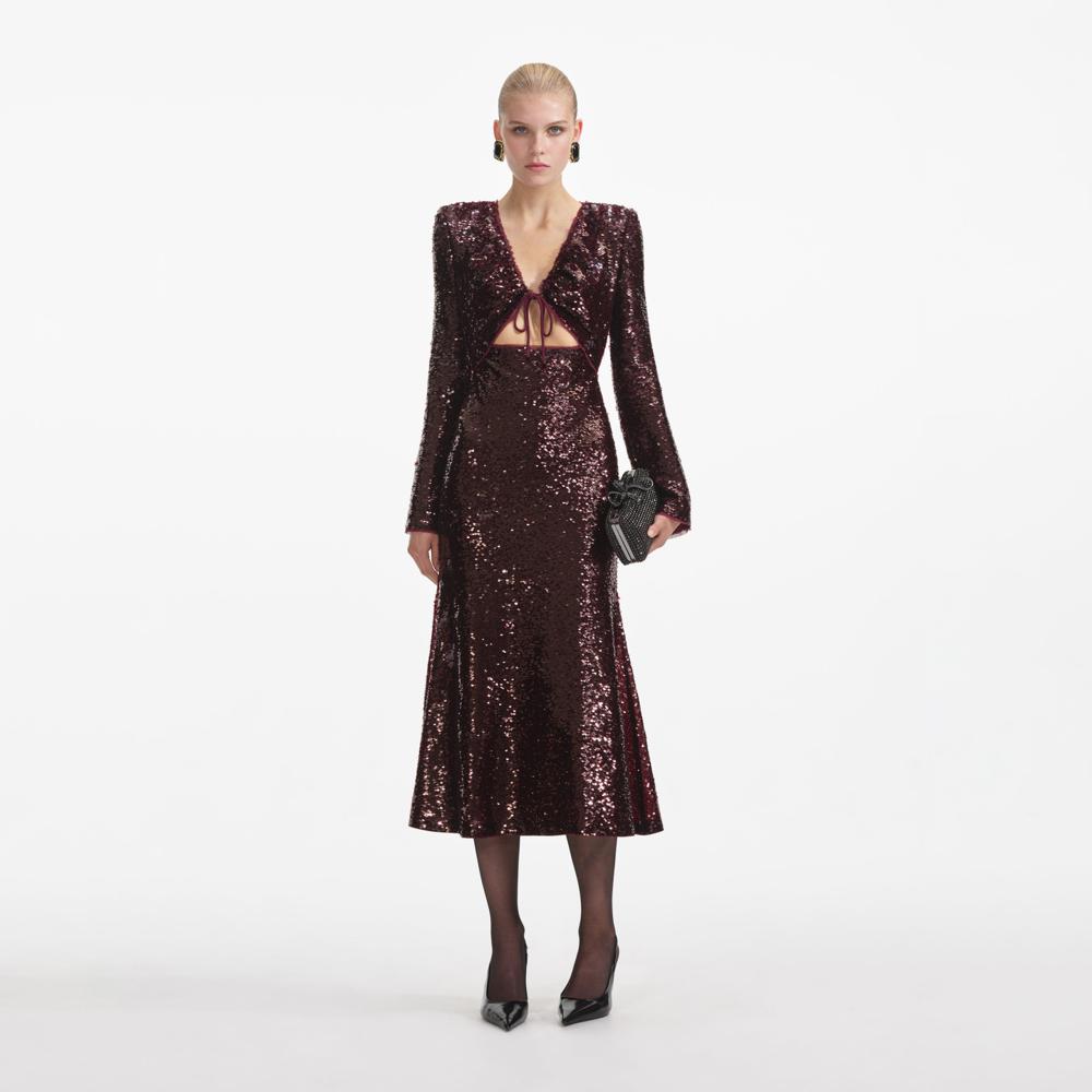 SELF PORTRAIT SS24 Burgundy Sequin Midi Dress