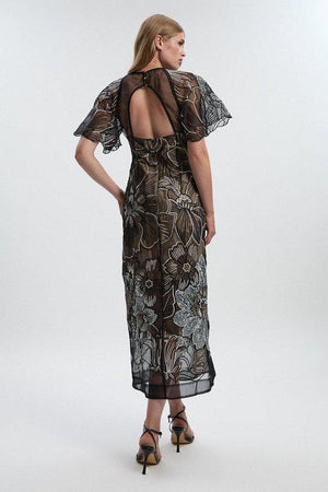 Karen Millen UK SALE Hand Embroidered And Sequin Organdie Deep V Woven Maxi Dress
