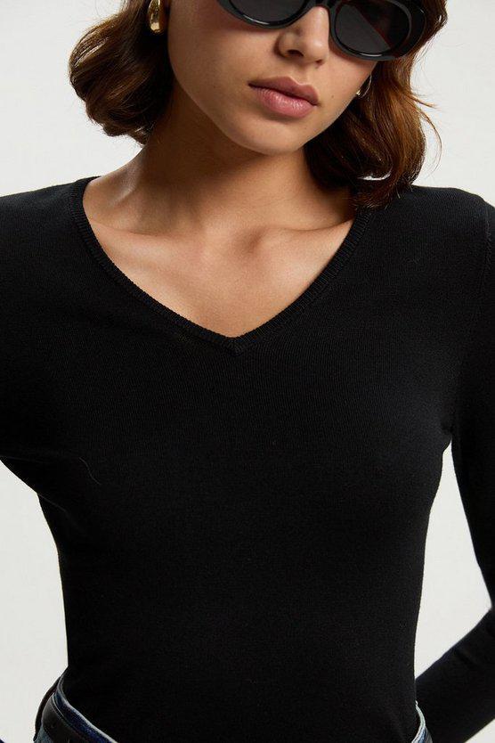 Karen Millen UK SALE Viscose Blend Knitted V Neck Jumper - black