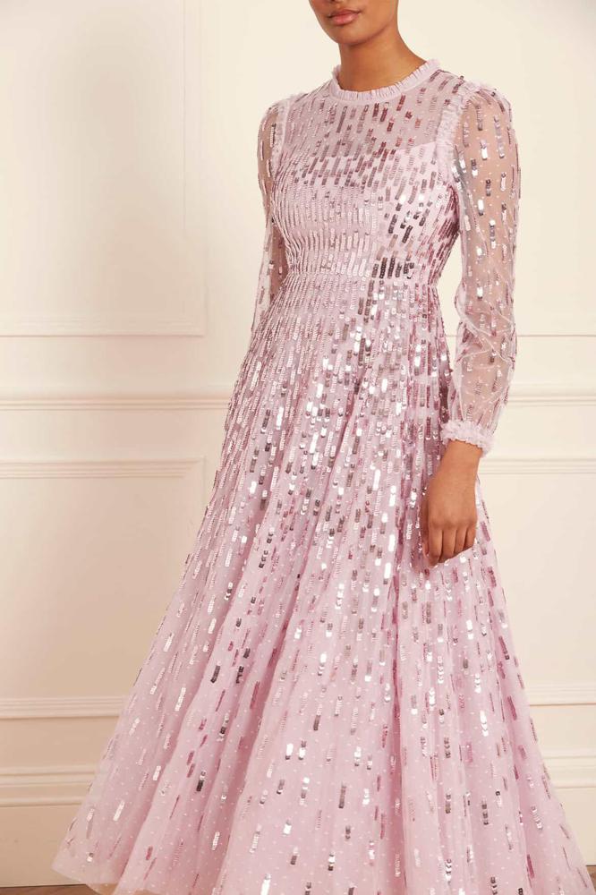 Needle & Thread CYBER SALE Sequin Dash Long Sleeve Ankle Gown - pink