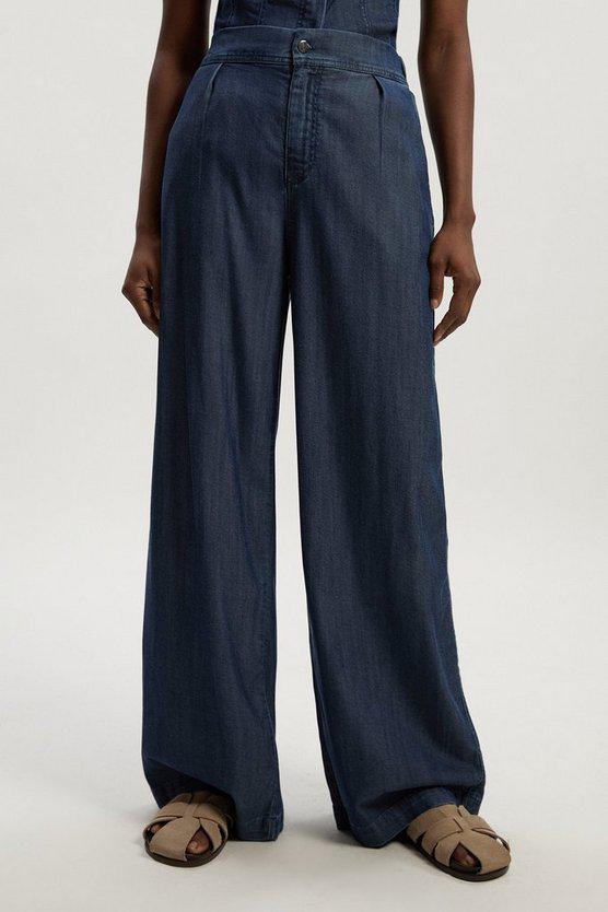 Karen Millen UK SALE Chambray Stretch Denim Wide Leg Trouser - dark blue