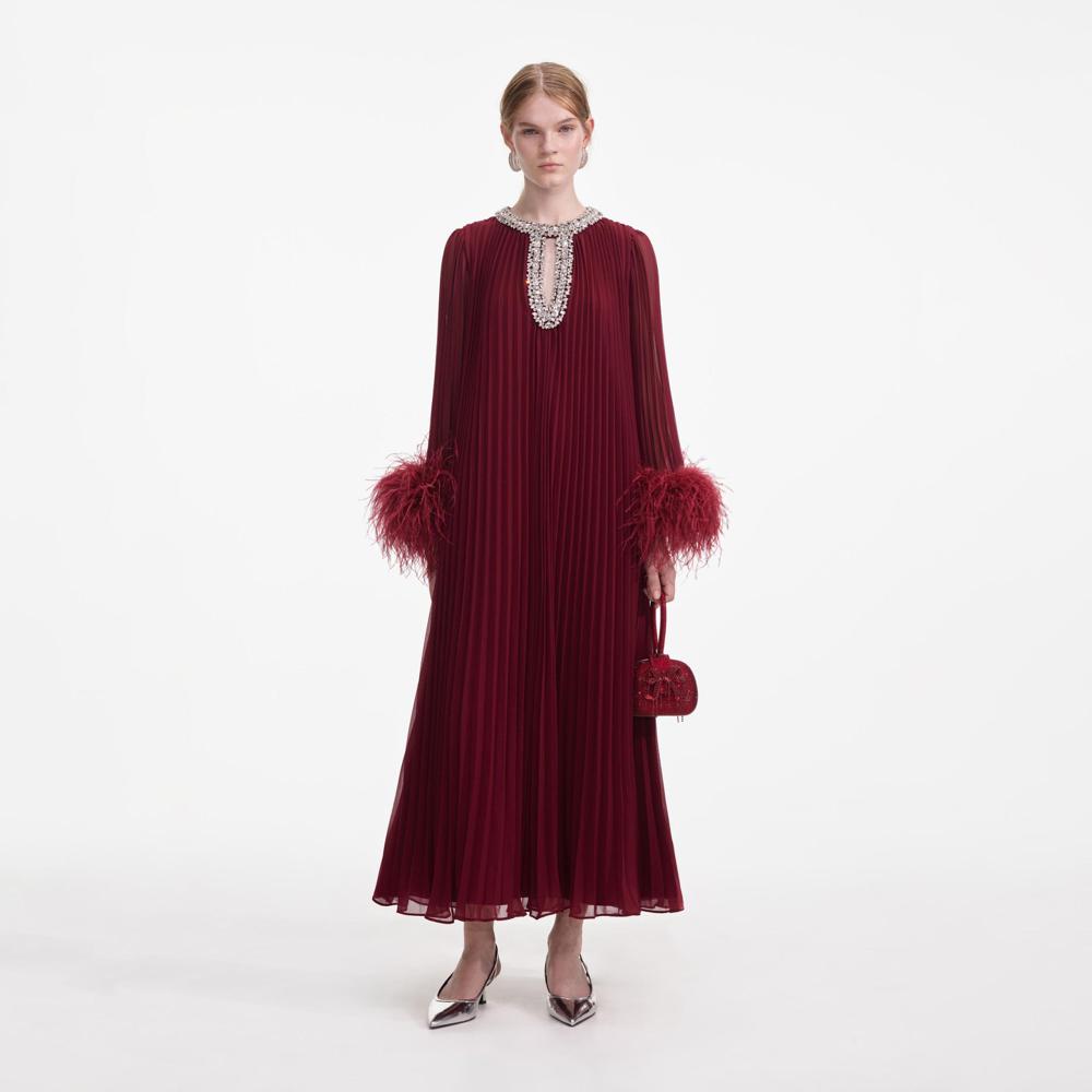 SELF PORTRAIT VIP SS24 Burgundy Chiffon Feather Midi Dress