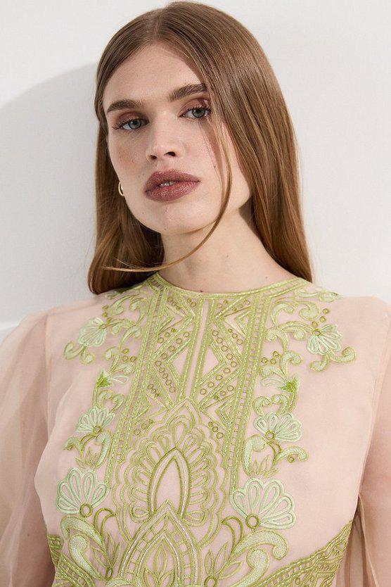Karen Millen UK SALE Embroidered Organdie Balloon Woven Mini Dress - lime