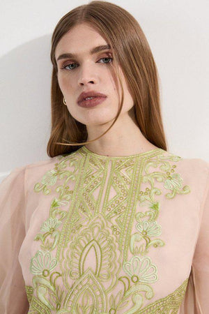 Karen Millen UK SALE Embroidered Organdie Balloon Woven Mini Dress - lime