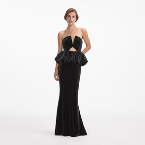 SELF PORTRAIT VIP SS24 Black Velvet Peplum Maxi Dress