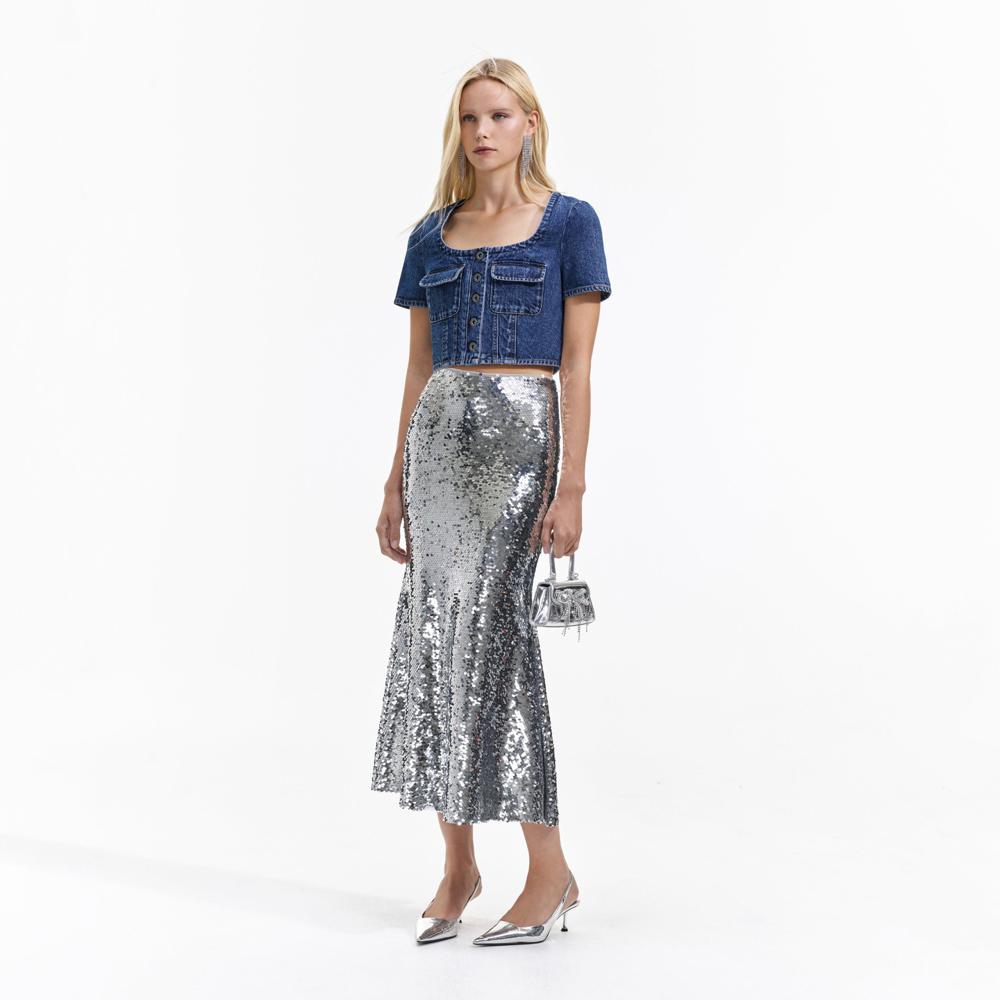 SELF PORTRAIT BLACK FRIDAY SALE Silver Sequin Maxi Skirt