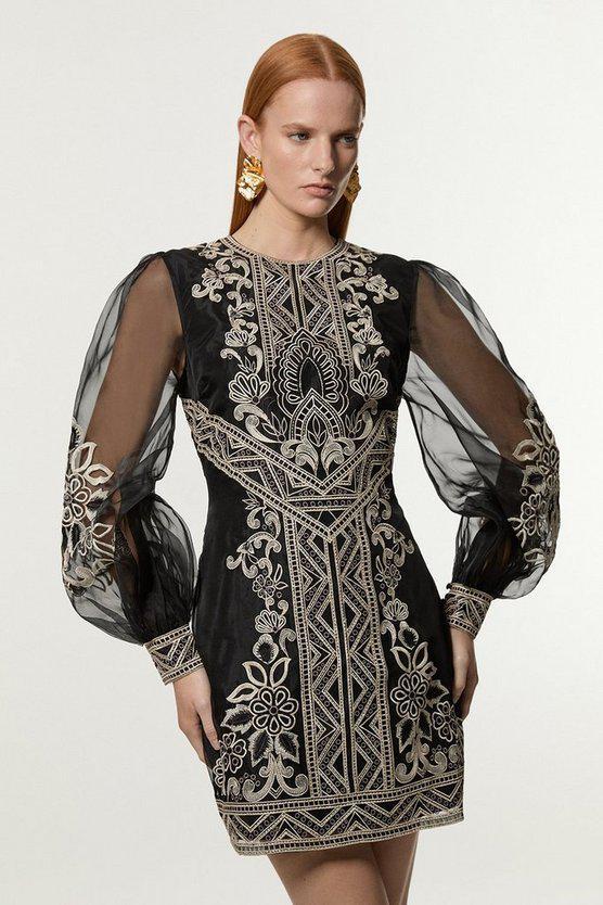 Karen Millen UK SALE Embroidered Organdie Balloon Woven Mini Dress - black