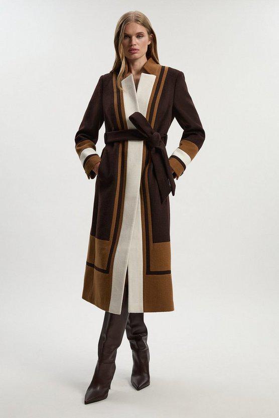 Karen Millen UK SALE Brushed Wool Colour Block Tailored Belted Midi Coat