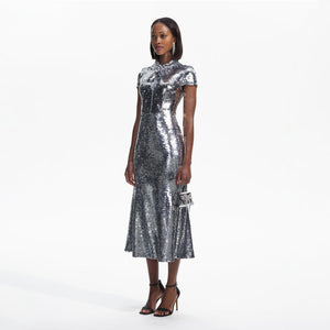 SELF PORTRAIT BLACK FRIDAY SALE Silver Sequin Twist Neck Midi Dress