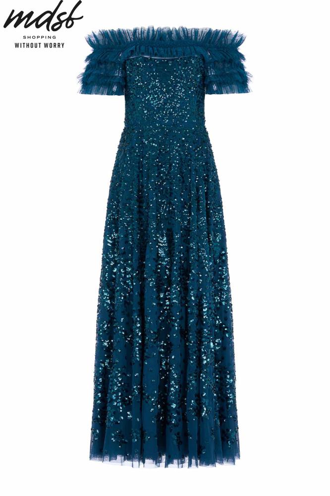 Needle & Thread CHRISTMAS SALE Sequin Wreath Off-Shoulder Gown - blue