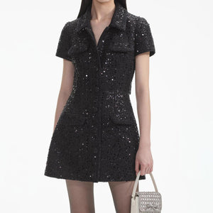 SELF PORTRAIT SS24 Black Sequin Boucle Mini Dress