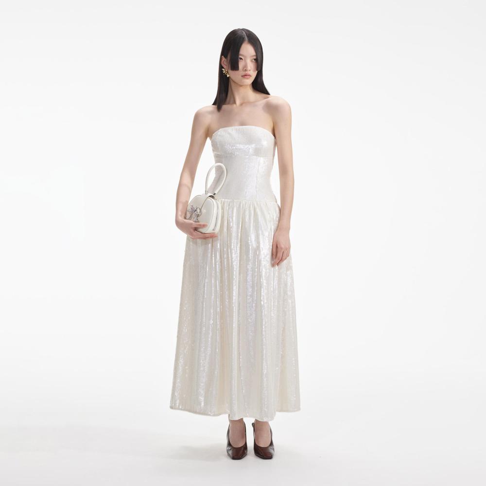 SELF PORTRAIT SS24 Cream Sequin Bandeau Midi Dress