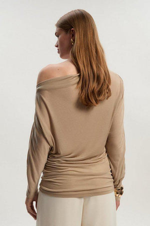 Karen Millen UK SALE Tencel Ruched Asymmetric Neck Long Sleeve Top