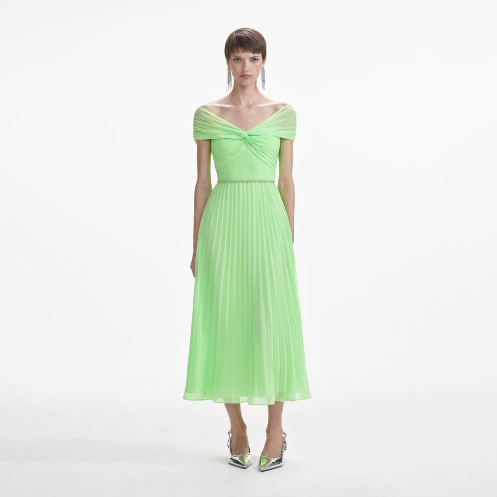 SELF PORTRAIT SS24 Green Off Shoulder Chiffon Midi Dress